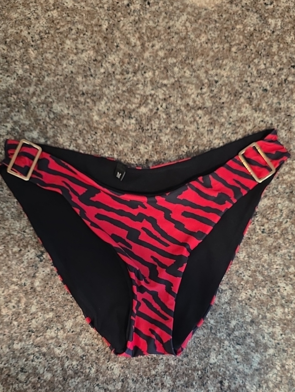 Red & Black Zebra Print Bikini Bottom with Gold Buckles